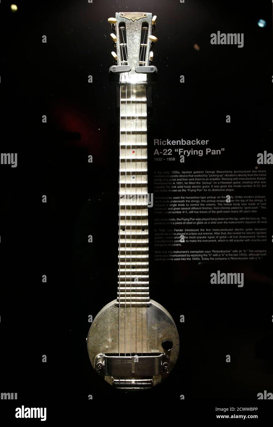 A Rickenbacker A-22 "Frying Pan" early electric guitar (circa 1935) is seen  on display as part of a new exhibition from the National Guitar Museum " Guitar: The Instrument That Rocked The World"