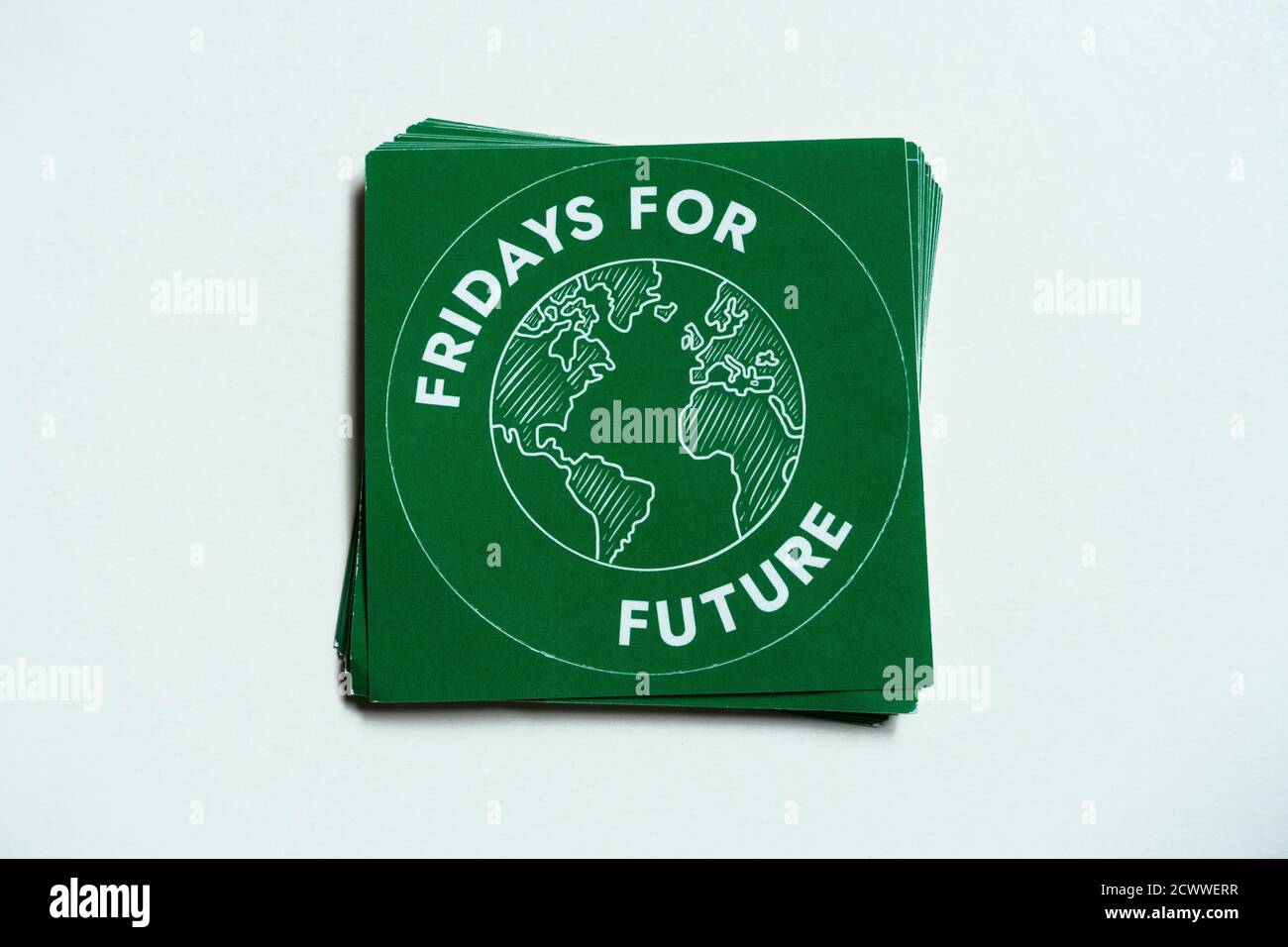 A stack of stickers of the global climate protest movement Fridays For Future Stock Photo