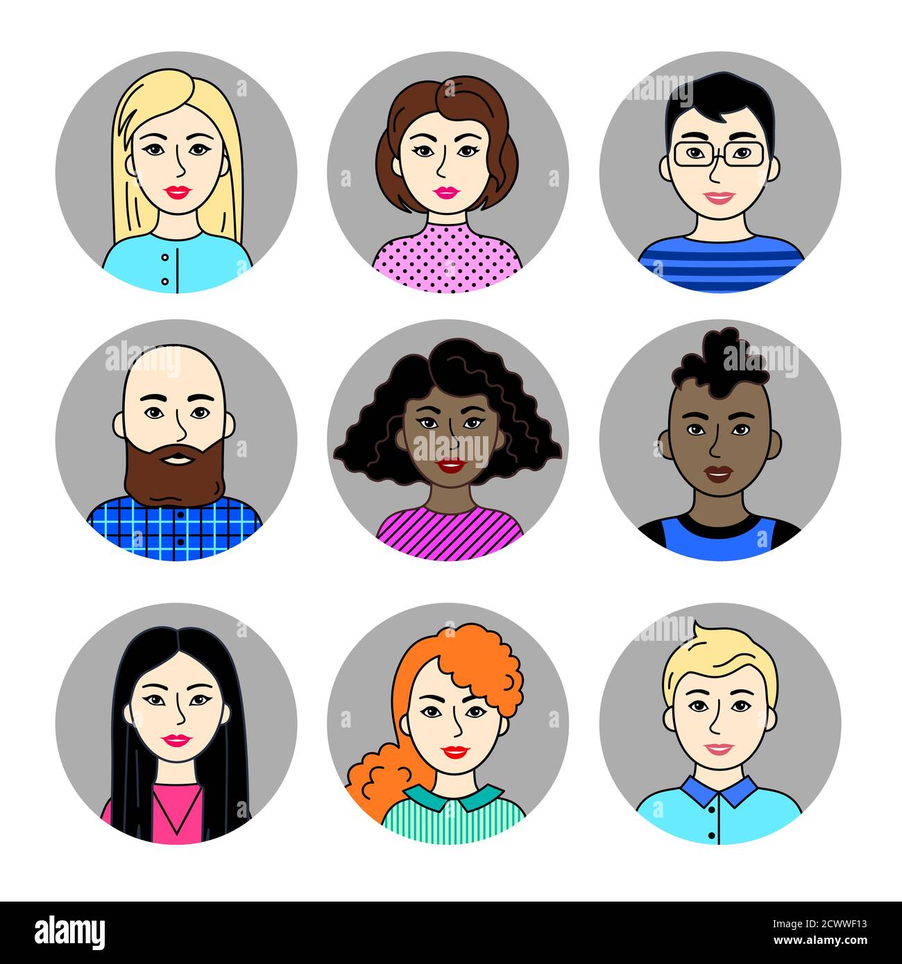 Men and women of different nations, skin and hair colors. Asian, European, African people, cartoon simple portraits. Multiethnic society. Collection o Stock Vector