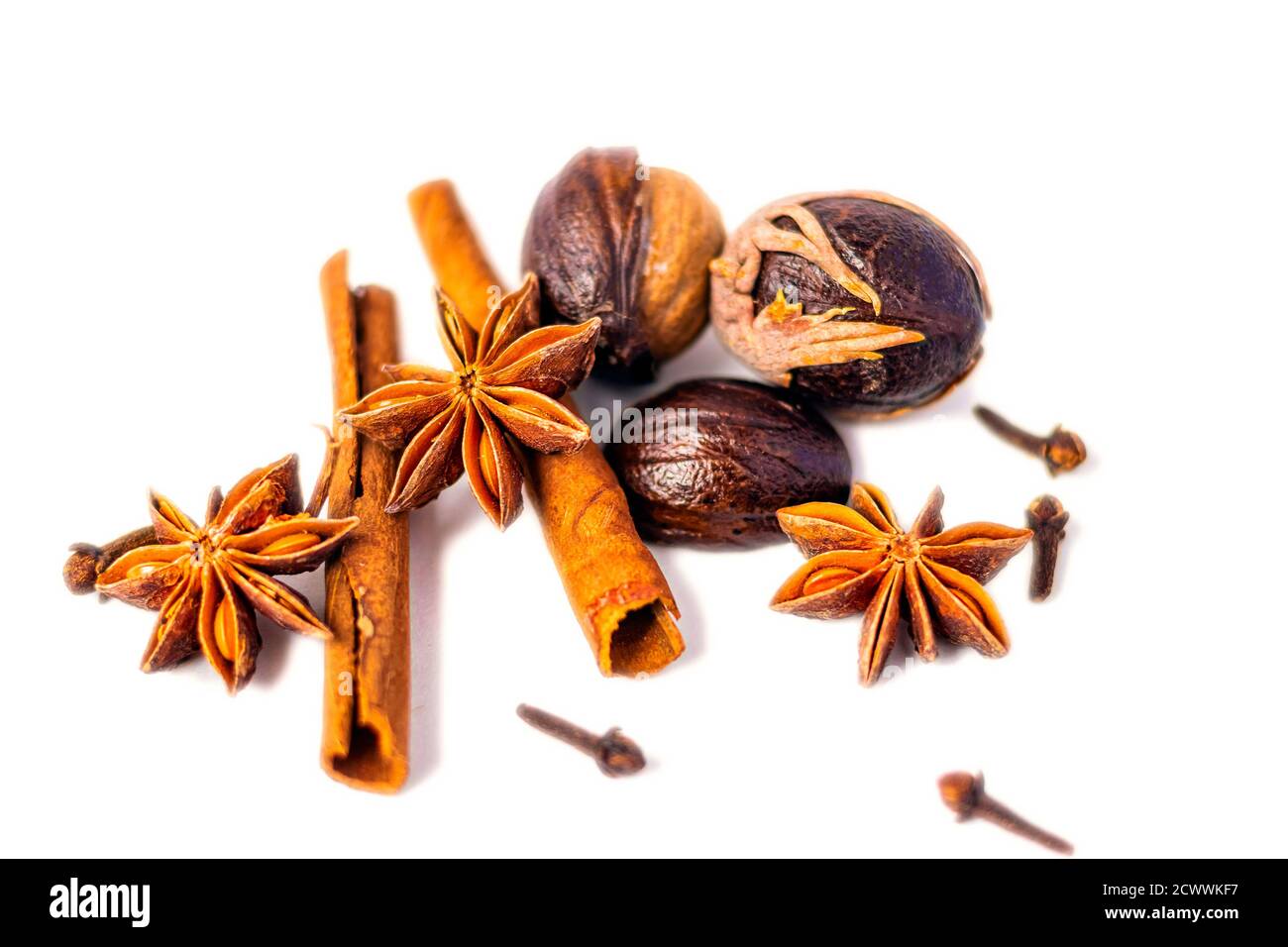 Spice selection of cinnamon, cloves, star anise, nutmeg, and cardamom