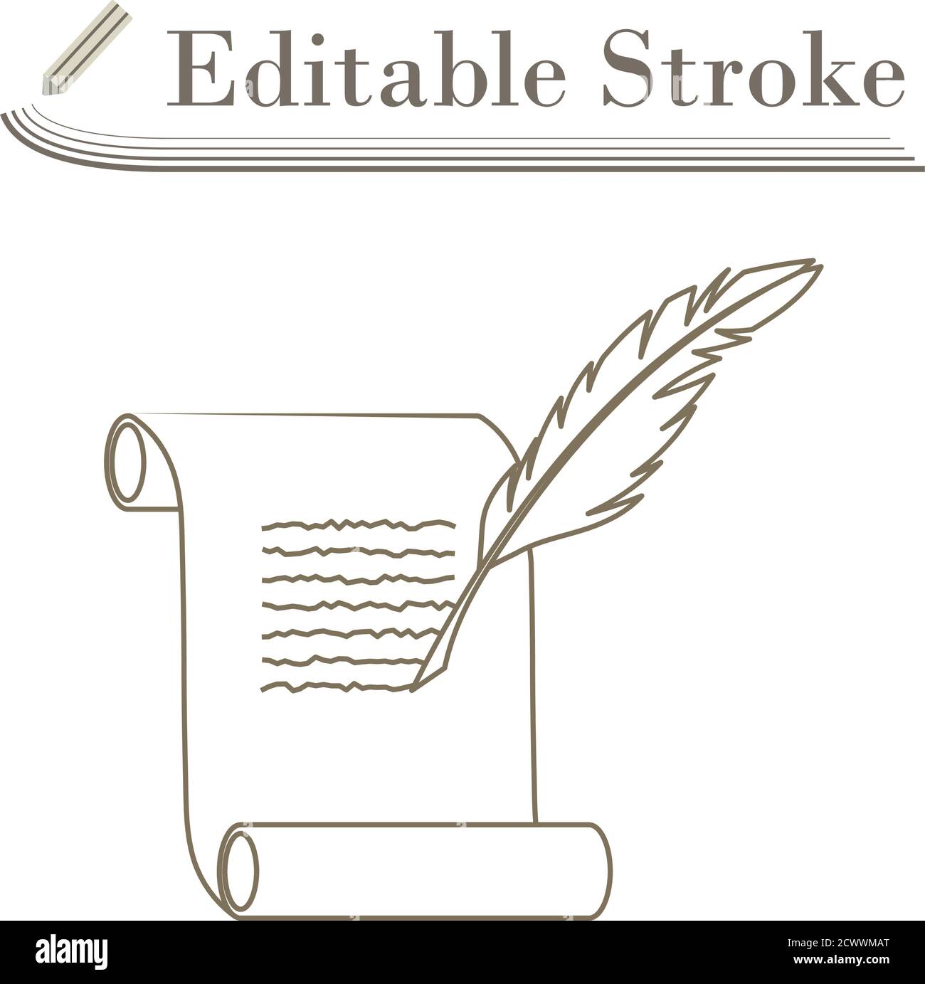 Feather And Scroll Icon. Editable Stroke Simple Design. Vector Illustration. Stock Vector