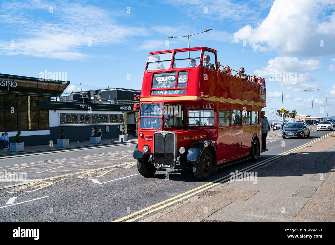 Open top tourist bus outside the casino on the seafront Southend on sea. Stock Photo