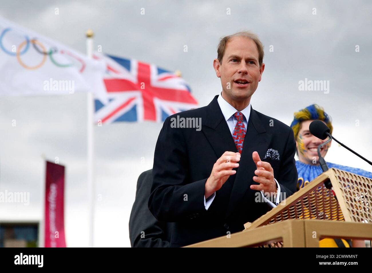 Britain's Prince Edward speaks during the Olympic Team Welcome Ceremony at the Athletes' Village at the Olympic Park in London, July 19, 2012.    REUTERS/Jae C. Hong/Pool (BRITAIN - Tags: SPORT OLYMPICS ROYALS) Stock Photo