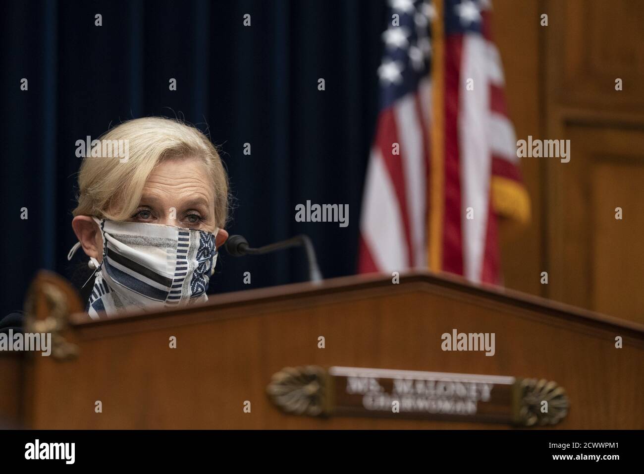 Washington, United States. 30th Sep, 2020. Chairwoman Carolyn Maloney delivers her opening statement during a hearing before the U.S. House of Representatives Committee on Oversight and Reform focused on the cost of prescription drugs at the US Capitol Building in Washington, DC, on Wednesday, September 30, 2020. Several CEO's of drug companies will testify. Pool Photo by Alex Edelman/UPI Credit: UPI/Alamy Live News Stock Photo