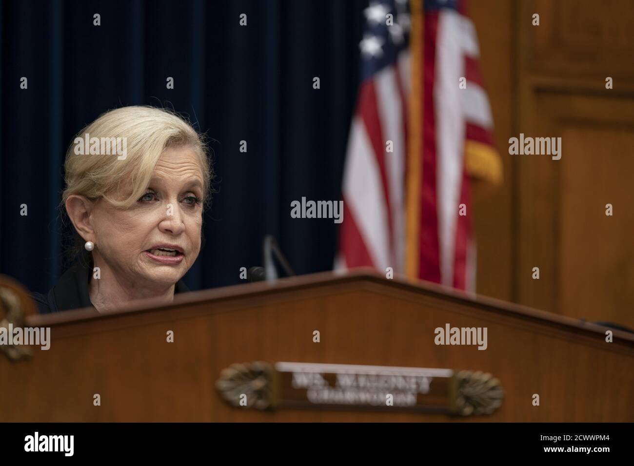 Washington, United States. 30th Sep, 2020. Chairwoman Carolyn Maloney delivers her opening statement during a hearing before the U.S. House of Representatives Committee on Oversight and Reform focused on the cost of prescription drugs at the US Capitol Building in Washington, DC, on Wednesday, September 30, 2020. Several CEO's of drug companies will testify. Pool Photo by Alex Edelman/UPI Credit: UPI/Alamy Live News Stock Photo