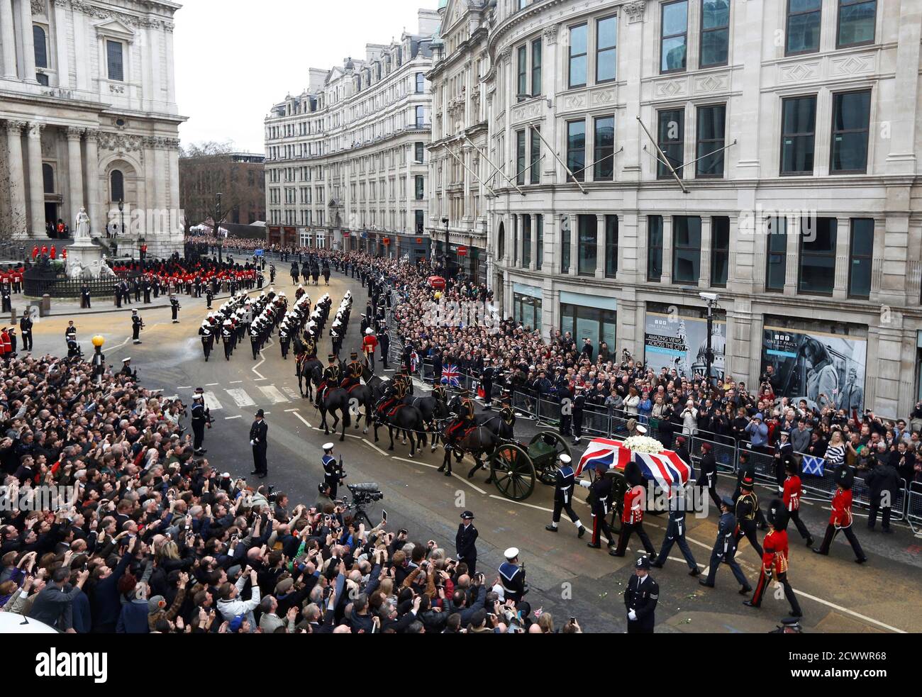 The Funeral Procession Of Former British Prime Minister Margaret Thatcher Arrives For Her Funeral Service At