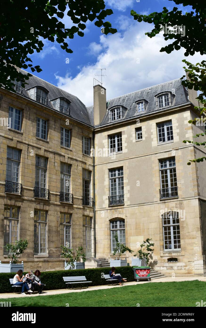 Paris, France. August 14, 2019. Garden in parisian style mansion known as hotel particulier. Hotel de Lamoignon townhouse. Stock Photo