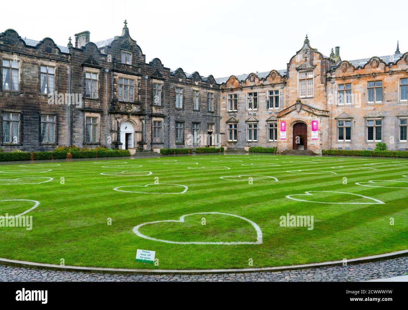 St Andrews, Scotland, UK. 30 September, 2020. Students in halls of residence at St Andrews University have been told that they can leave for home without financial penalty. The Scottish Government controversially told students in Scotland  to self-isolate in their rooms following localised outbreaks of Covid-19 amongst students.. Pictured; The lawn inside St Salvator's Quad has been marked out to ensure 2m social distancing . Iain Masterton/Alamy Live News Stock Photo
