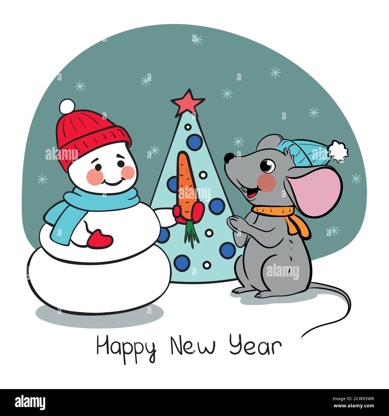 Card with cute little mouse and snowman: Happy New Year. Vector illustration in red and blue for Christmas posters, cards, gift tags Stock Vector