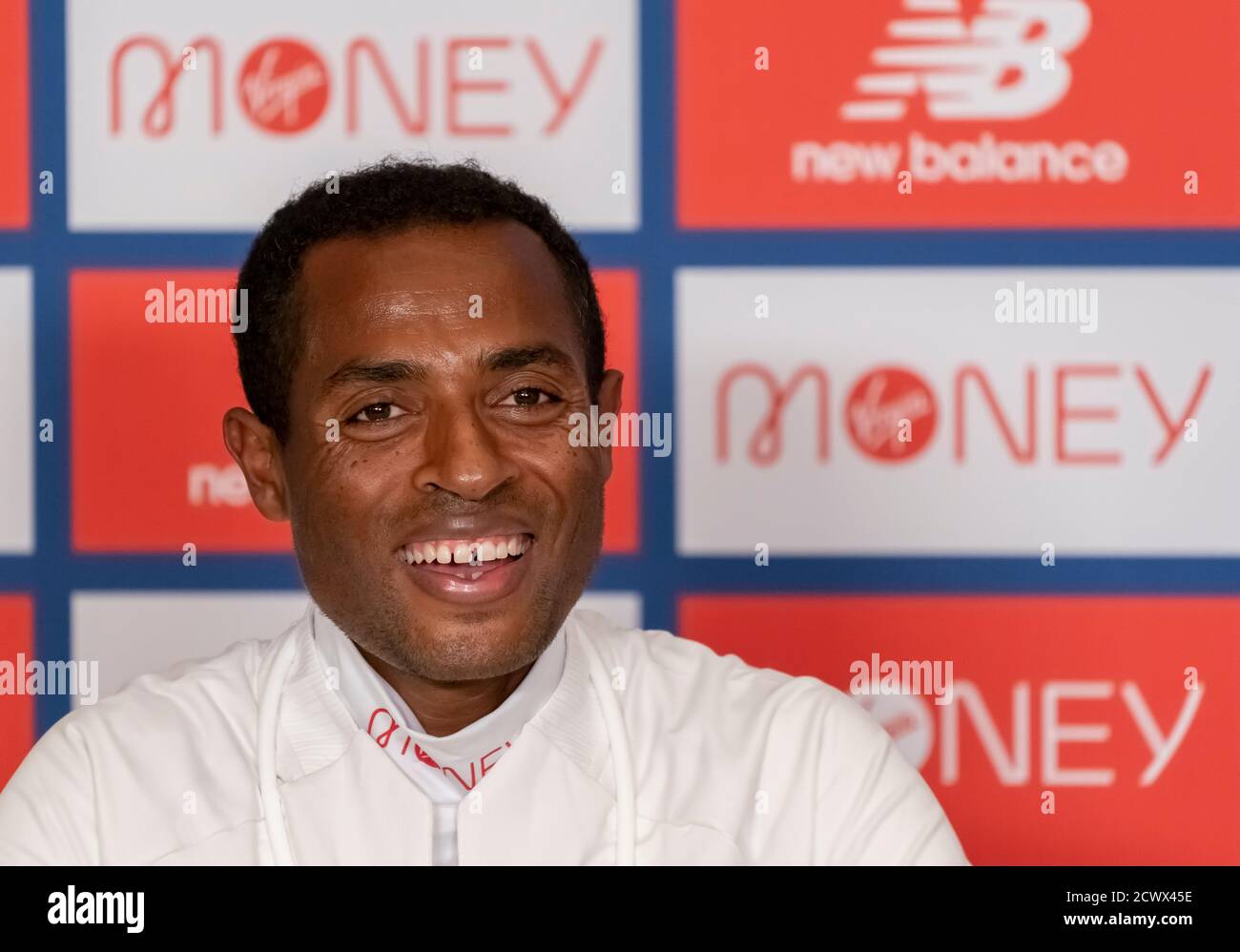 Ethiopia's Kenenisa Bekele speaks to the media via Zoom in a virtual and socially distanced press conference from inside the official hotel and biosecure bubble for the historic elite-only 2020 Virgin Money London Marathon on Sunday 4 October. The 40th Race will take place on a closed-loop circuit around St James's Park in central London. Stock Photo