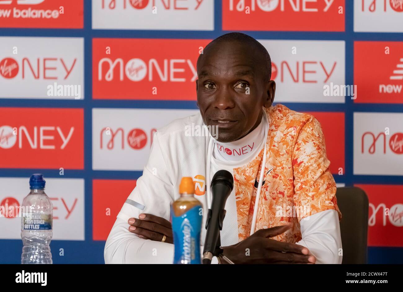 Kenya's Eliud Kipchoge speaks to the media via Zoom in a virtual and socially distanced press conference from inside the official hotel and biosecure bubble for the historic elite-only 2020 Virgin Money London Marathon on Sunday 4 October. The 40th Race will take place on a closed-loop circuit around St James's Park in central London. Stock Photo