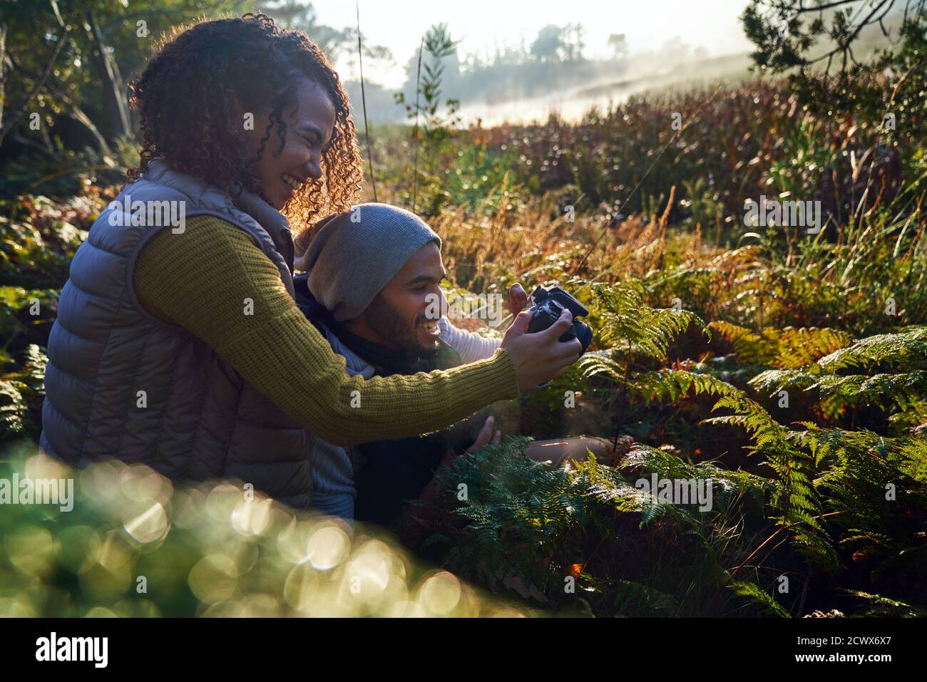 Happy hiking couple using camera among sunny ferns and undergrowth Stock Photo