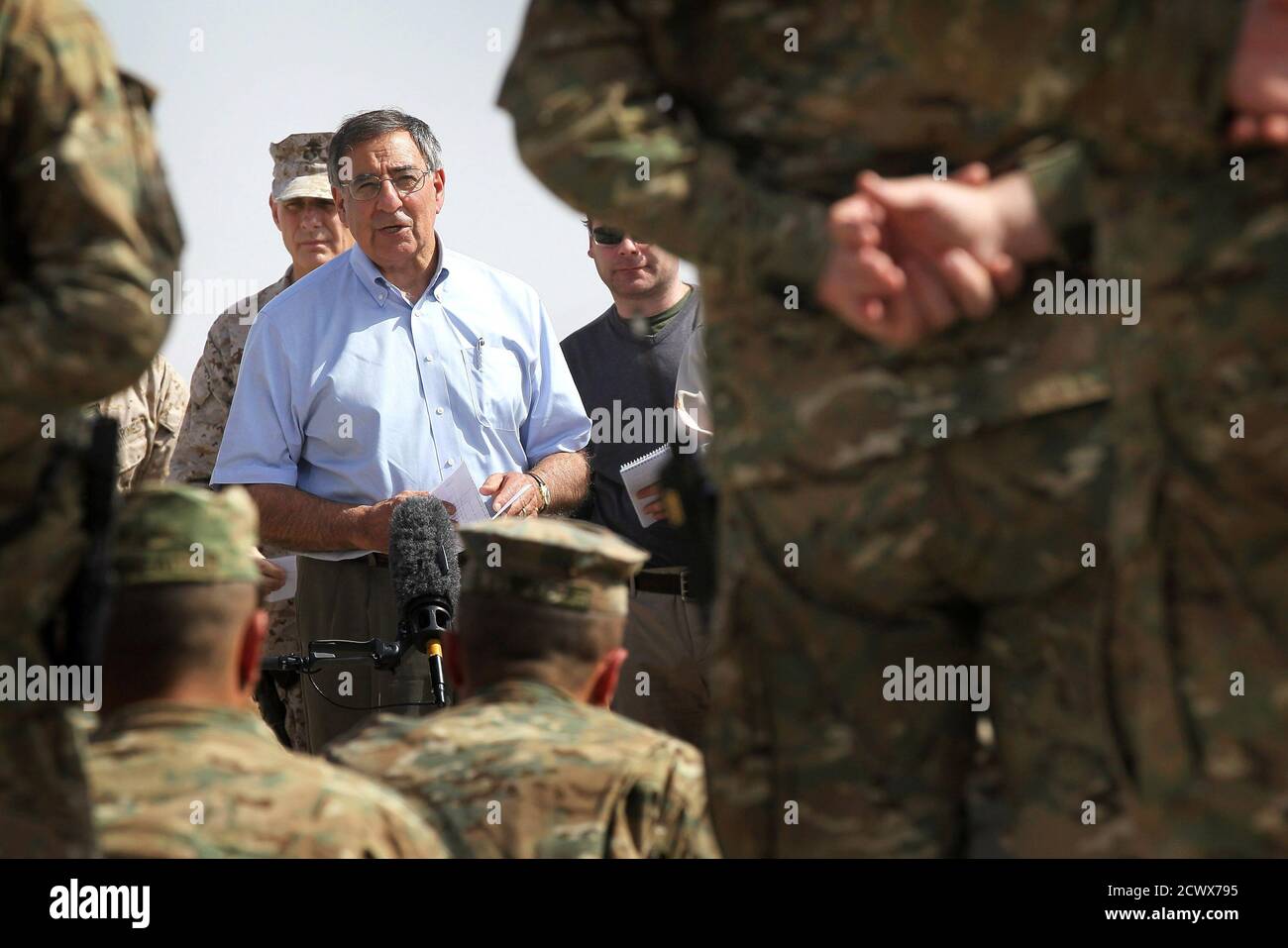U.S. Defense Secretary Leon Panetta addresses troops from the 31st BN Light Infantry of the Georgian Army at Forward Operating Base Shukvani March 14, 2012. Panetta told troops in Afghanistan on Wednesday that the massacre of 16 Afghan civilians by an American soldier should not deter them from their mission to secure the country ahead of a 2014 NATO withdrawal deadline.  REUTERS/Scott Olson/Pool (AFGHANISTAN - Tags: MILITARY POLITICS) Stock Photo