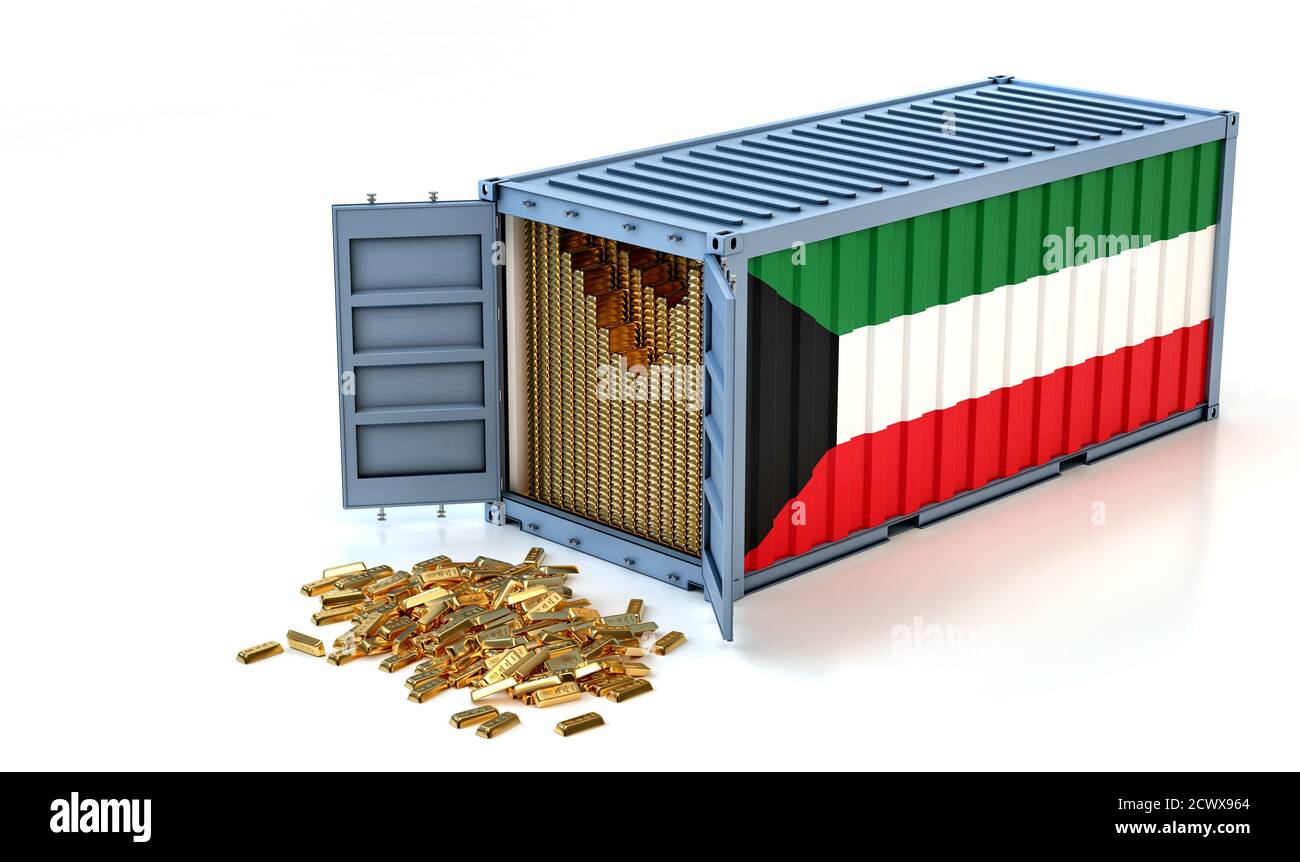 Freight Container with Kuwait flag filled with Gold bars. Some Gold bars scattered on the ground Stock Photo