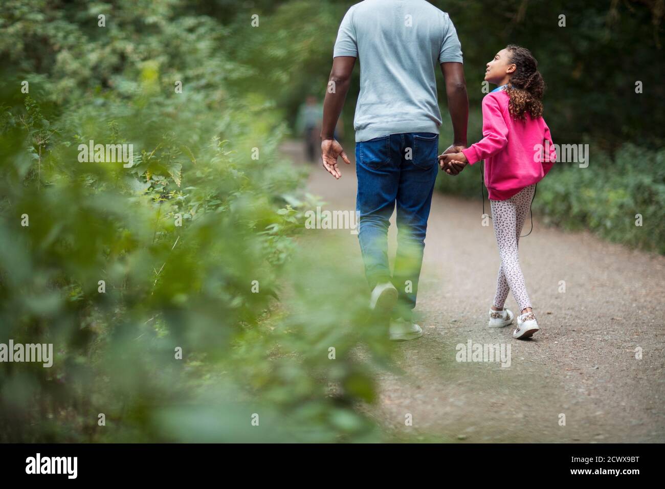 Father and daughter holding hands hiking on path in woods Stock Photo