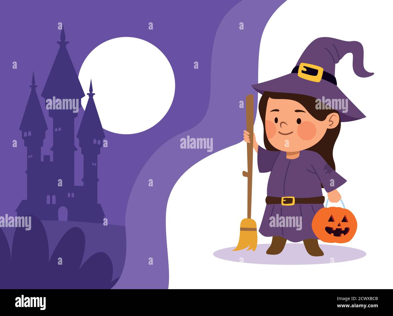 cute little girl dressed as a witch and castle vector illustration ...