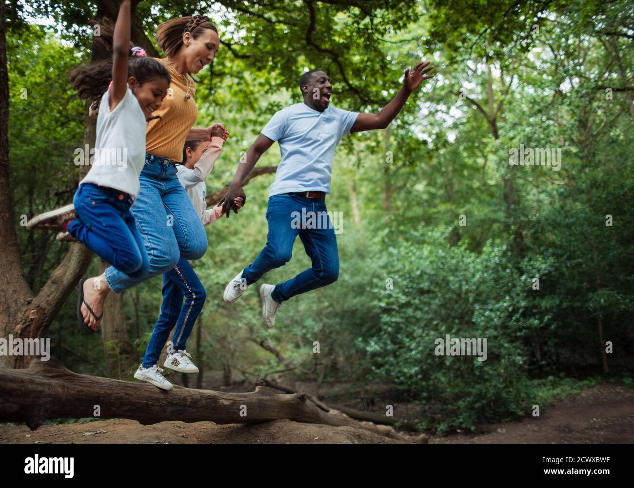 Carefree family jumping off fallen log in woods Stock Photo