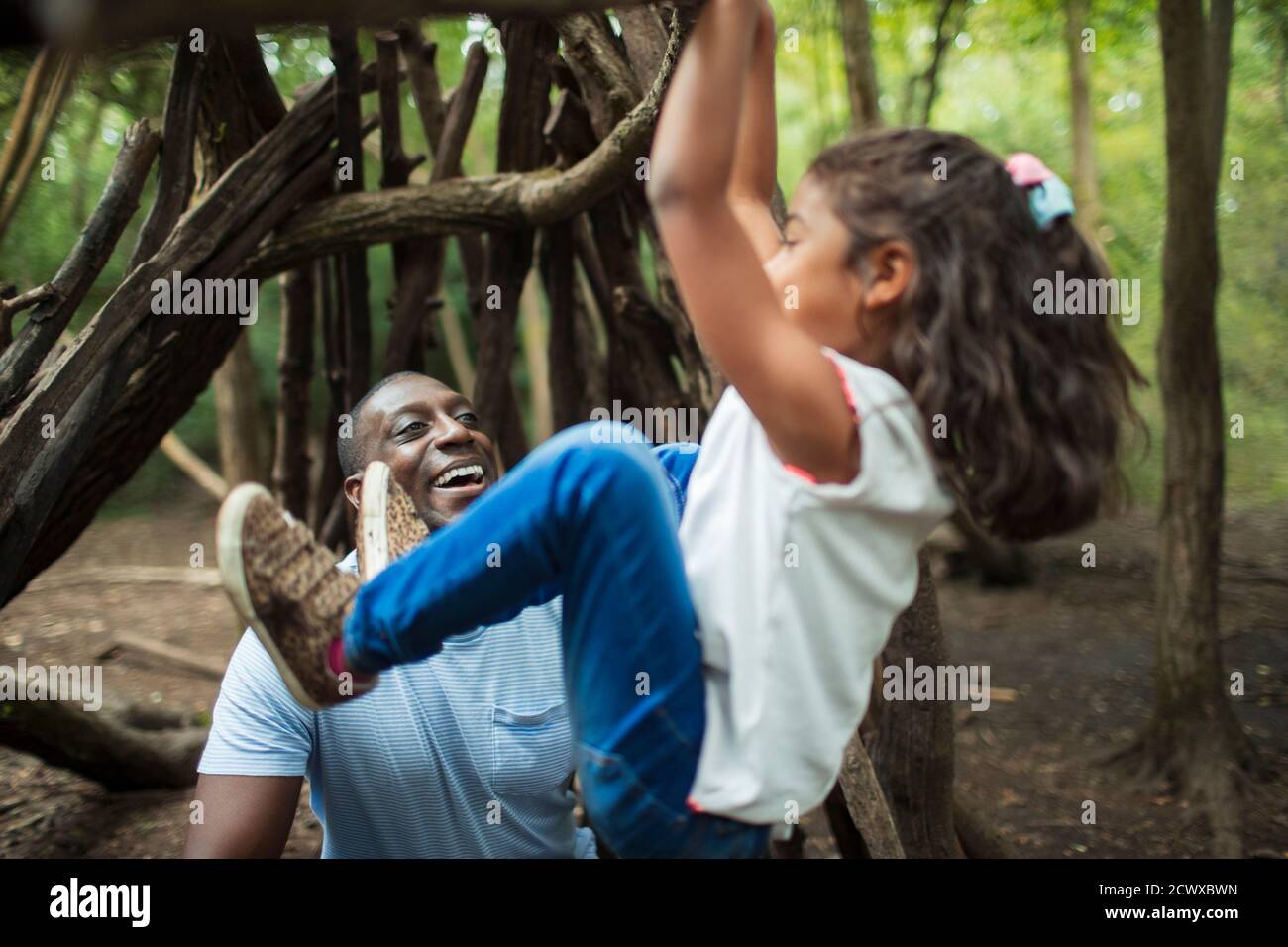 Father watching daughter hang from branch in woods Stock Photo