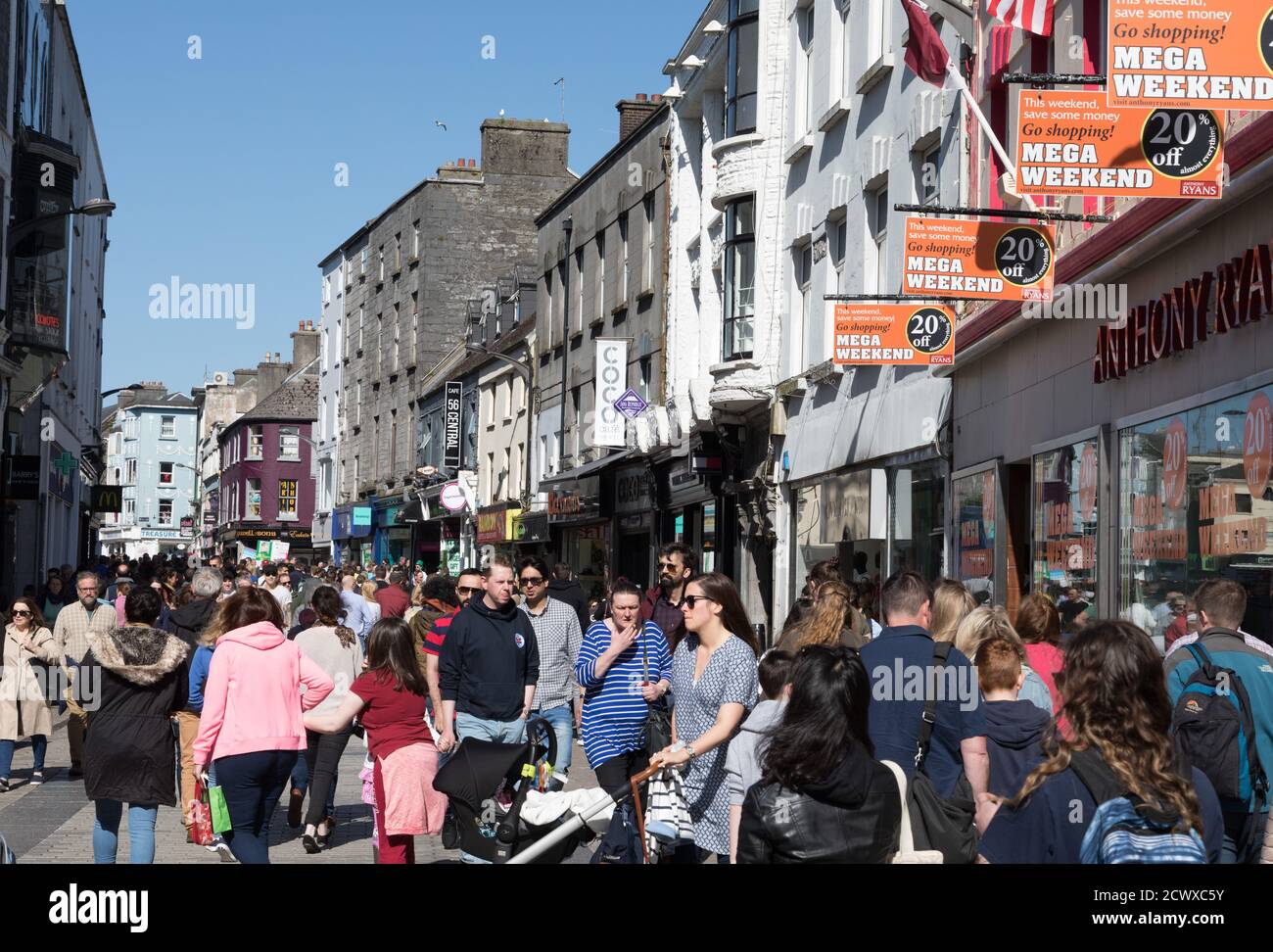 GALWAY CITY, IRELAND - 5th May, 2018: People walking on busy 