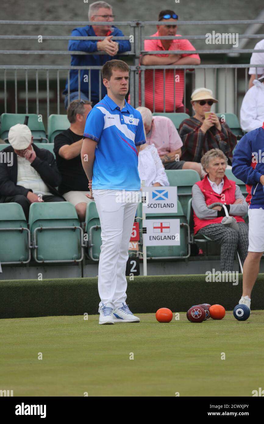 Ayr,Ayrshire, Scotland, UK 29 June 2019. The World Bowls Competiton at Northfield Ayr.The 2019 Bowls Scotland National Championships too place at the National Centre for Bowling at Northfield in Ayr from Monday 22nd to Saturday 27th July. Bowls, or lawn bowls, is a sport in which the objective is to roll biased balls so that they stop close to a smaller ball called a 'jack' or 'kitty'. It is played on a bowling green, which may be flat or convex or uneven. Stock Photo