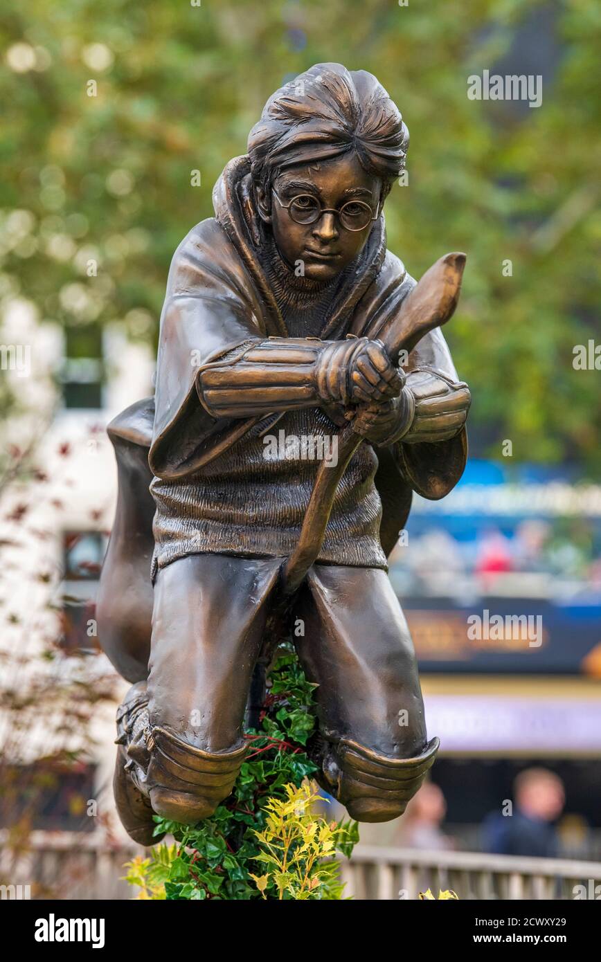 A new Harry Potter Quidditch statue in Leicester Square, London which has joined the eight other movie statues already in on display there. Stock Photo