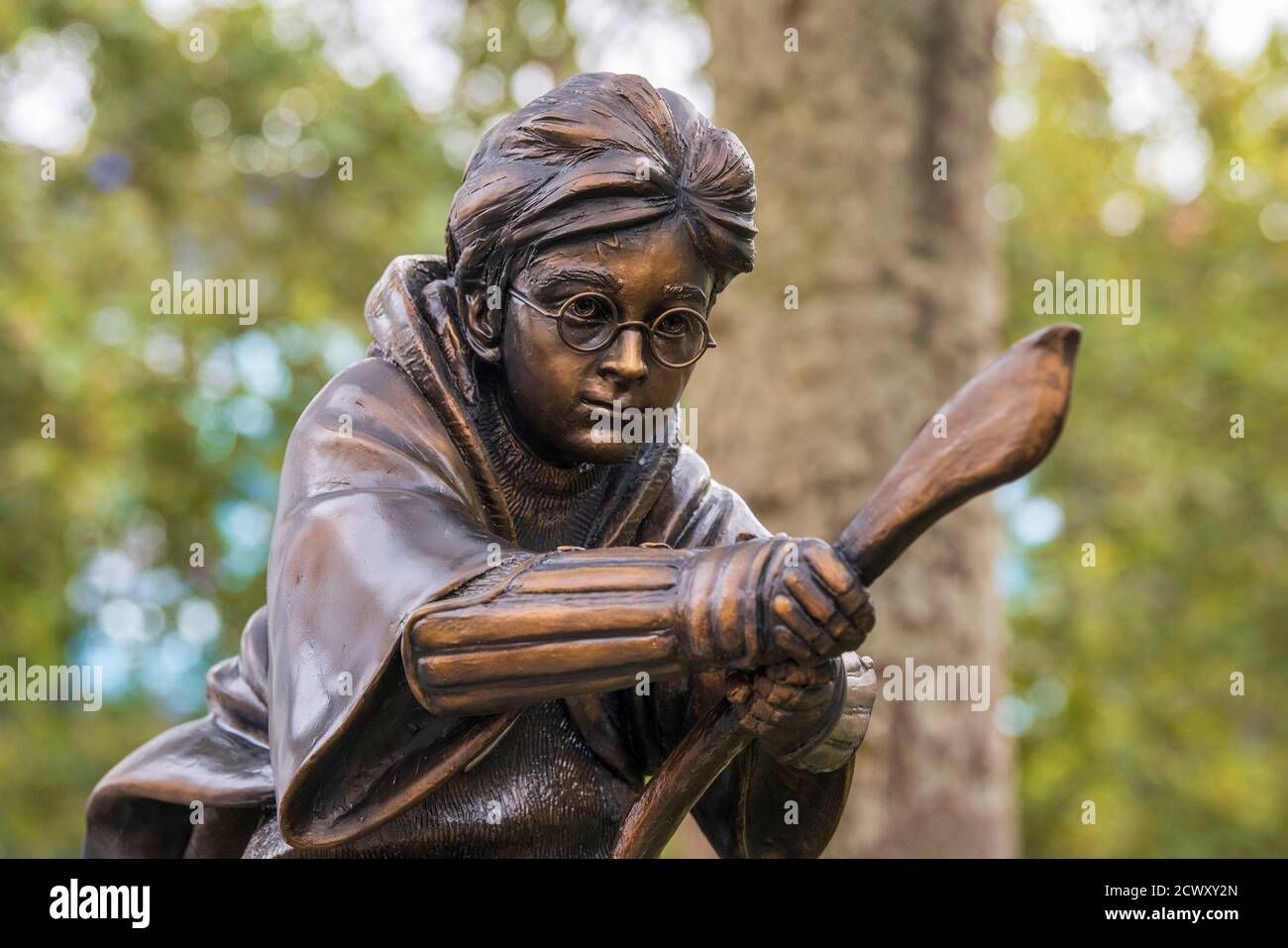 A new statue of Harry Potter in Leicester Square, London which has joined the eight other movie statues already in on display there. Stock Photo