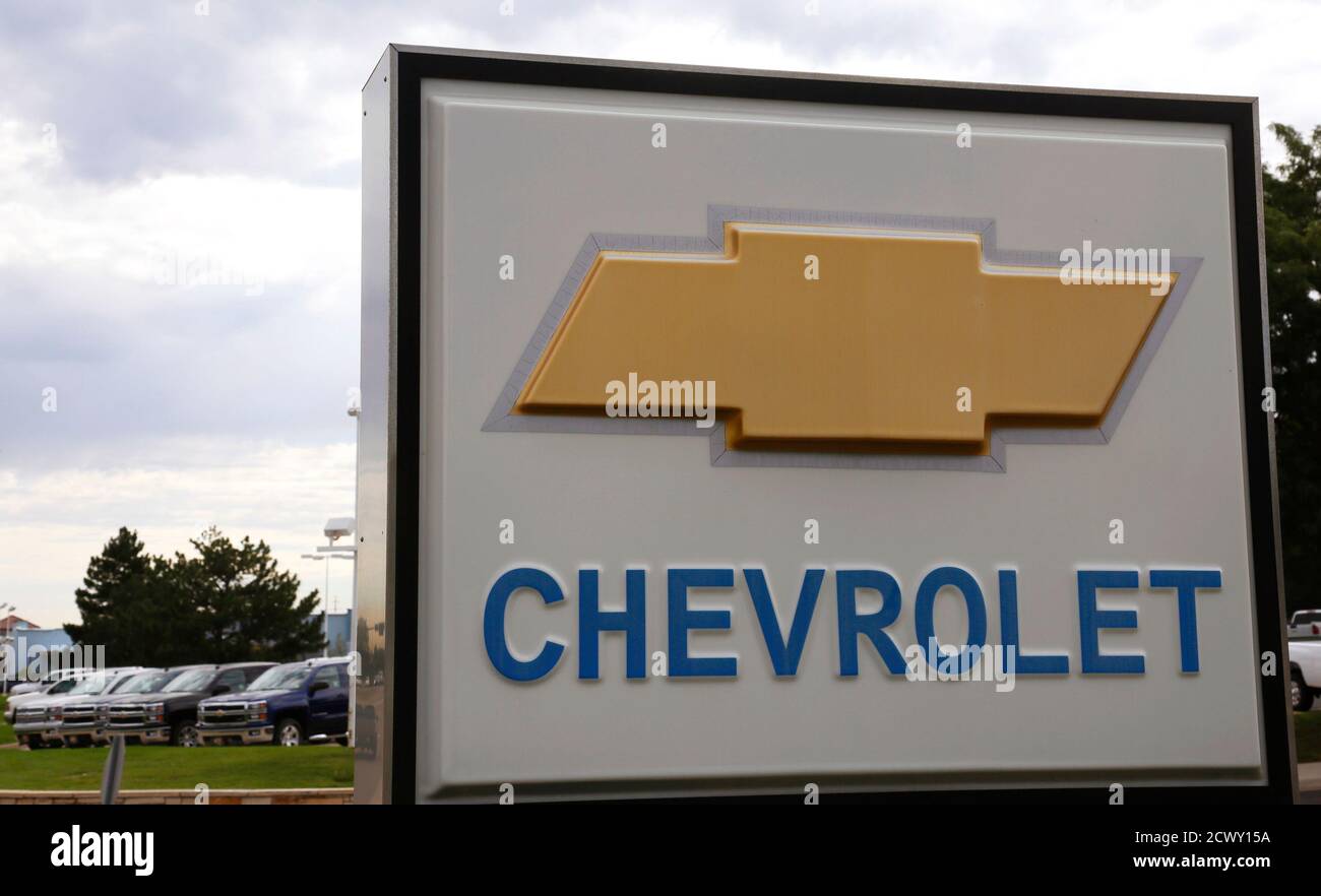 The sign at a General Motors Chevrolet dealer is pictured in Golden, Colorado September 4, 2013. U.S. auto sales were on a pace to show a gain as high as 17 percent in August as the industry raced toward its strongest month since just before the start of the 2007-2009 recession. REUTERS/Rick Wilking (UNITED STATES - Tags: BUSINESS TRANSPORT) Stock Photo