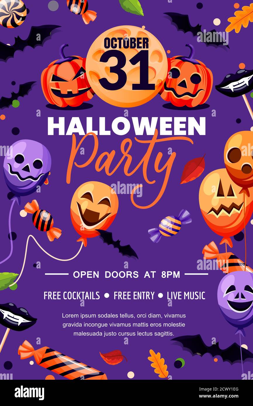Halloween holiday poster banner template. Party flyer invitation layout. Vector illustration. Purple background with horror decoration, balloons with Stock Vector