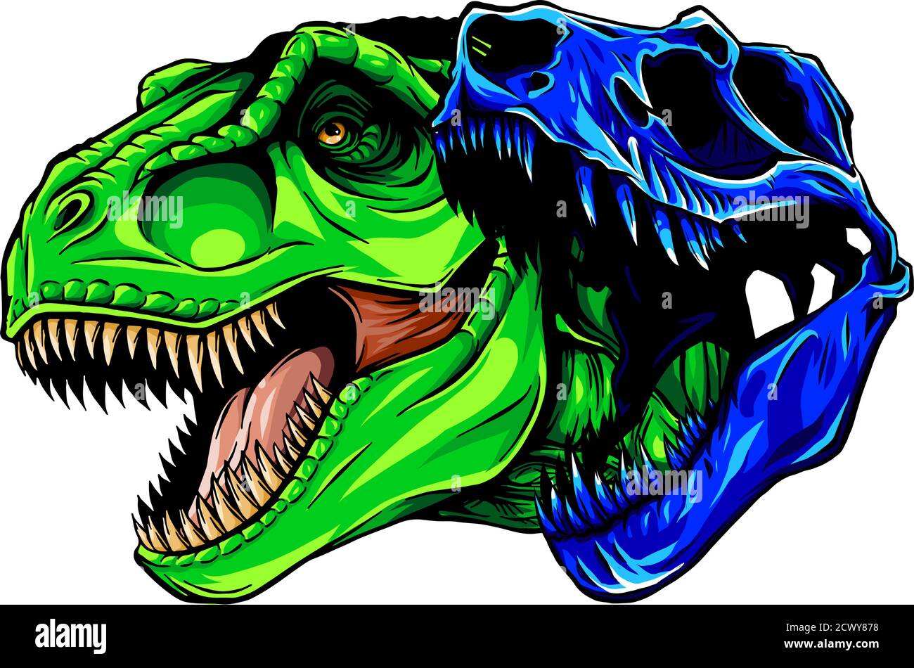 Graphical portraits of tyrannosaur and skull isolated on white background,vector Stock Vector