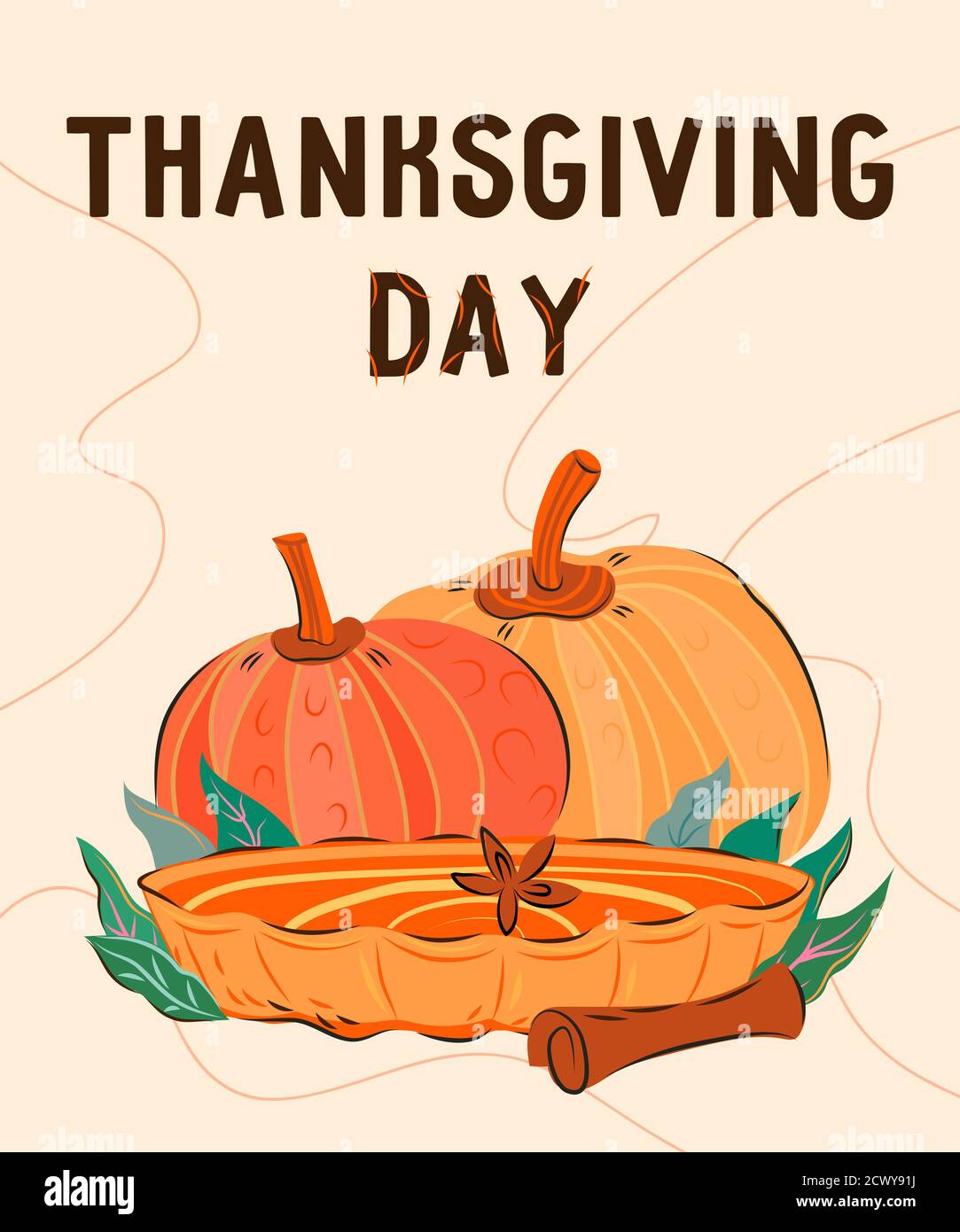 Hand drawn thanksgiving greeting card with leaves, pumpkin and spica on ...