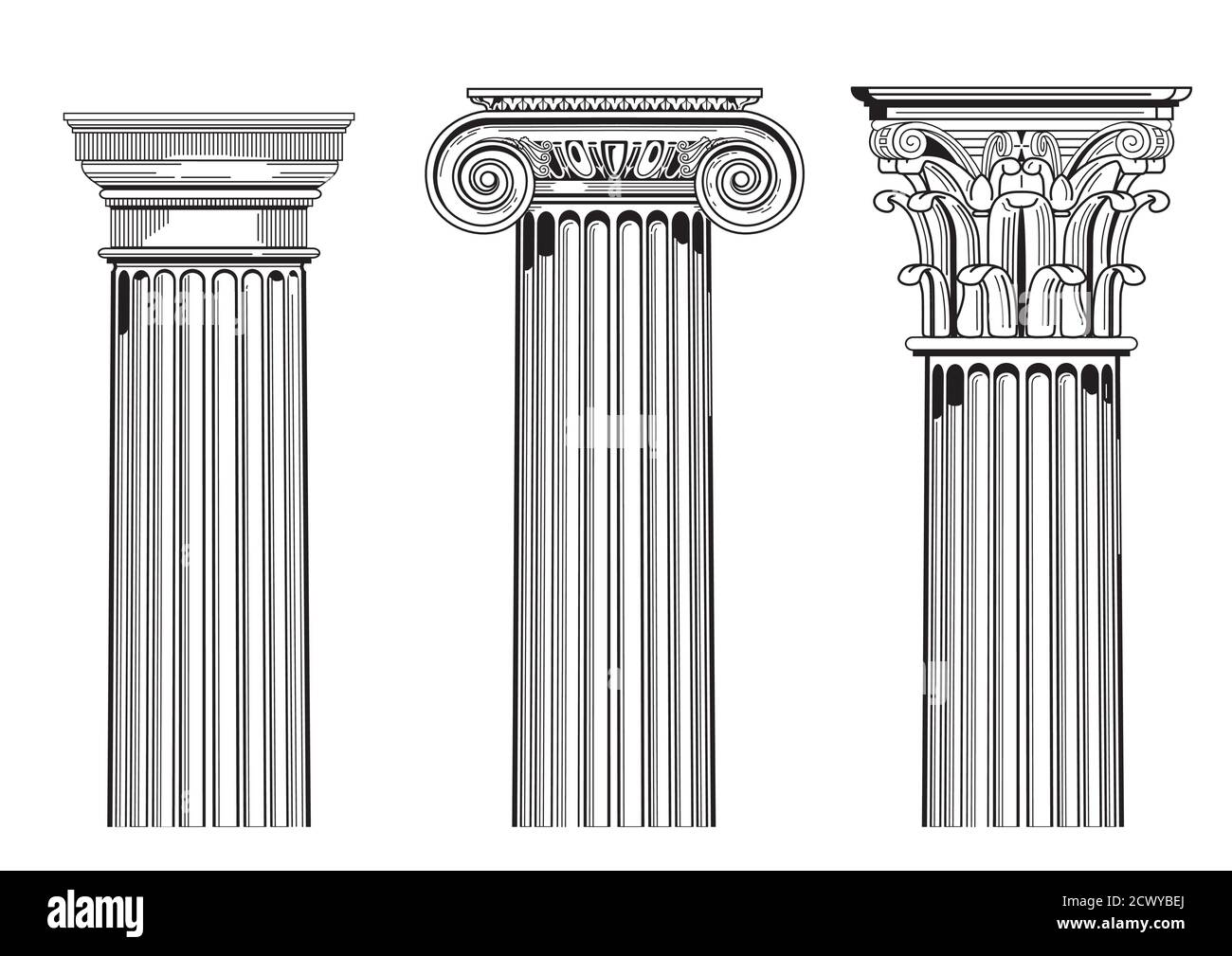 Set of three vector illustrations of columns in Greek and Roman styles, Doric, Ionic and Corinthian. Stock Vector