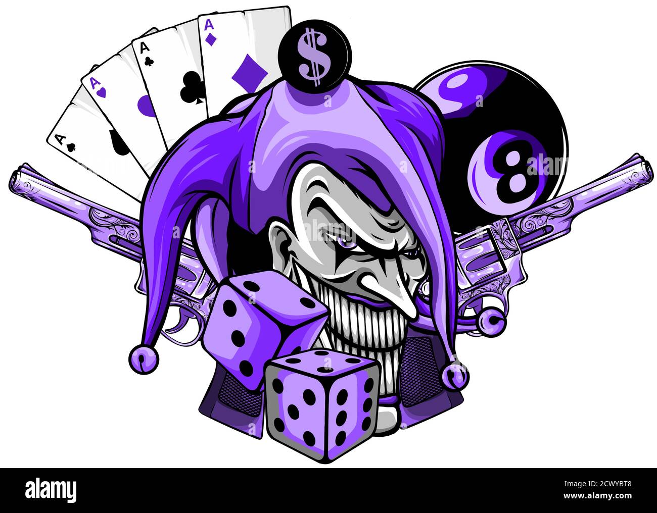 Joker card with gun and ace. vector illustration Stock Vector