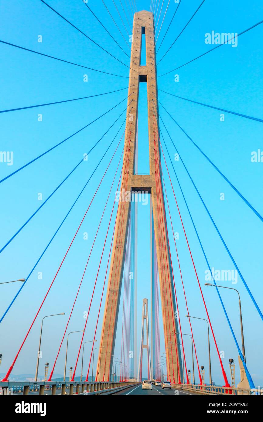 Fragment of cable-stayed bridge 'Russky Bridge' to island Russkiy, Vladivostok, Primorsky Krai, Russia Stock Photo
