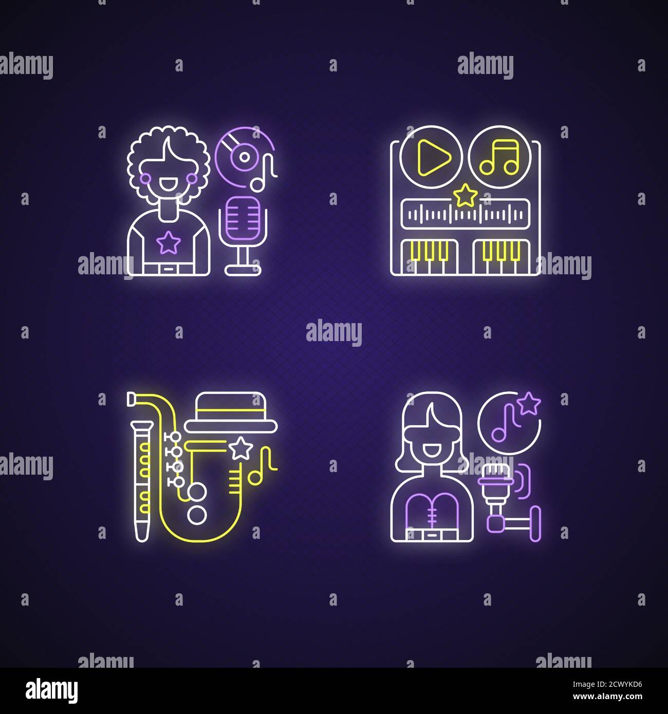 Different soundtrack genres neon light icons set Stock Vector Image ...