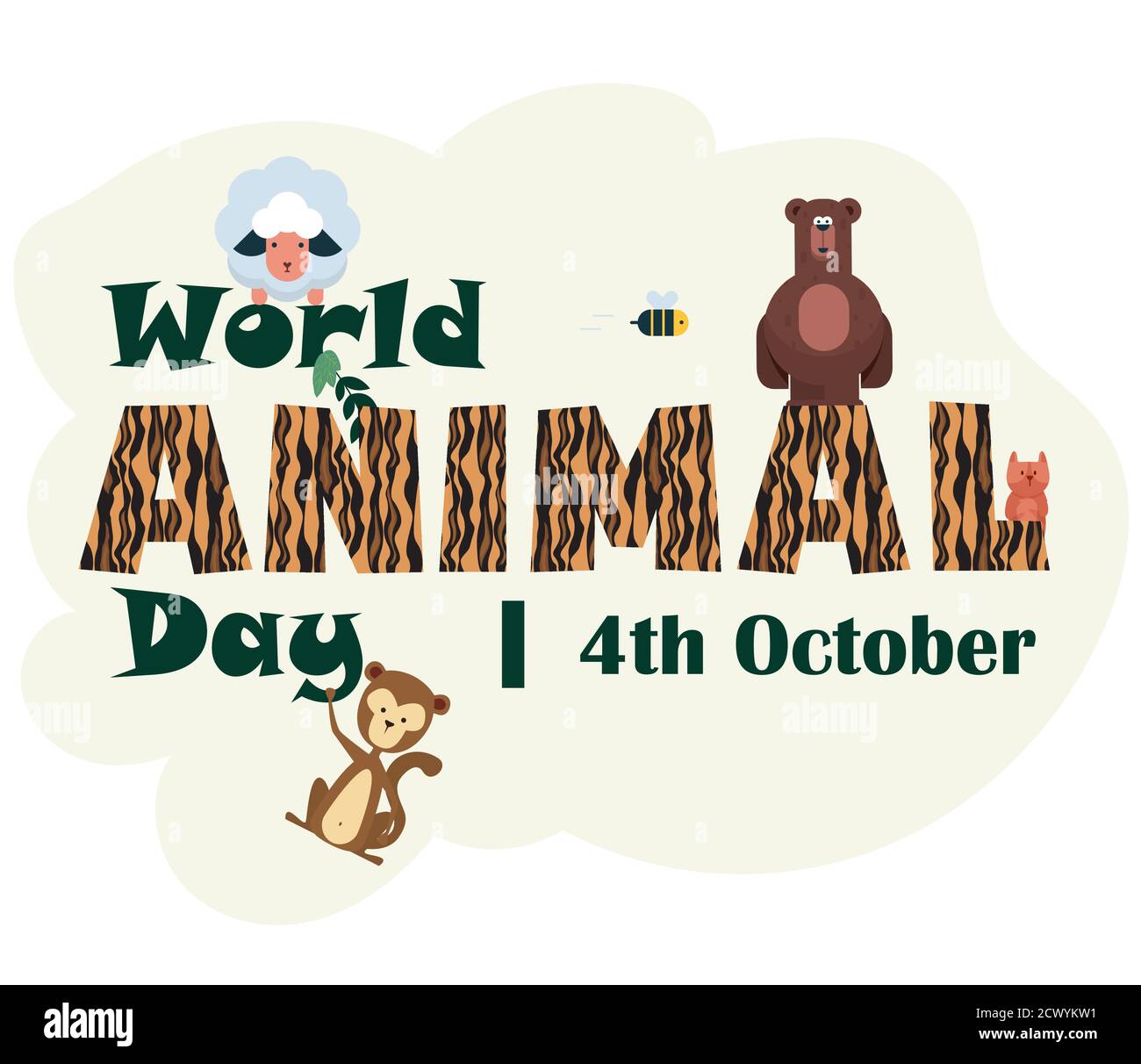 World Animal Day, 4 October, poster with cute illustrations of animals such as Bear, Sheep, Monkey, etc, vector Stock Vector