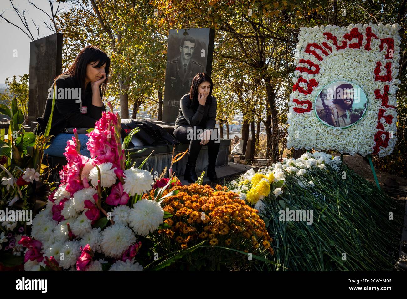 At the Yerablur Military Memorial Cemetery in the Armenian capital Yerevan, the soldiers who died at the front in Nagorno-Karabakh are buried. The Caucasus Republic is fought between Armenia and Azerbaijan. Stock Photo
