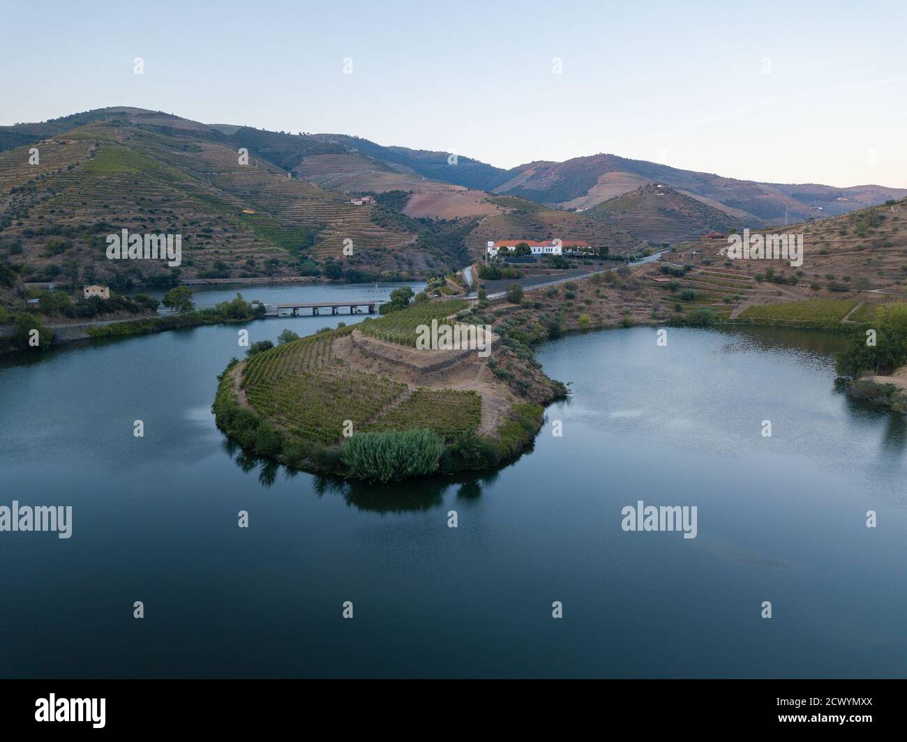 Douro wine valley region, Portugal. Vineyards landscape with beautiful farm. Tourist attraction and travel destination. Drone aerial top view. Bend sh Stock Photo