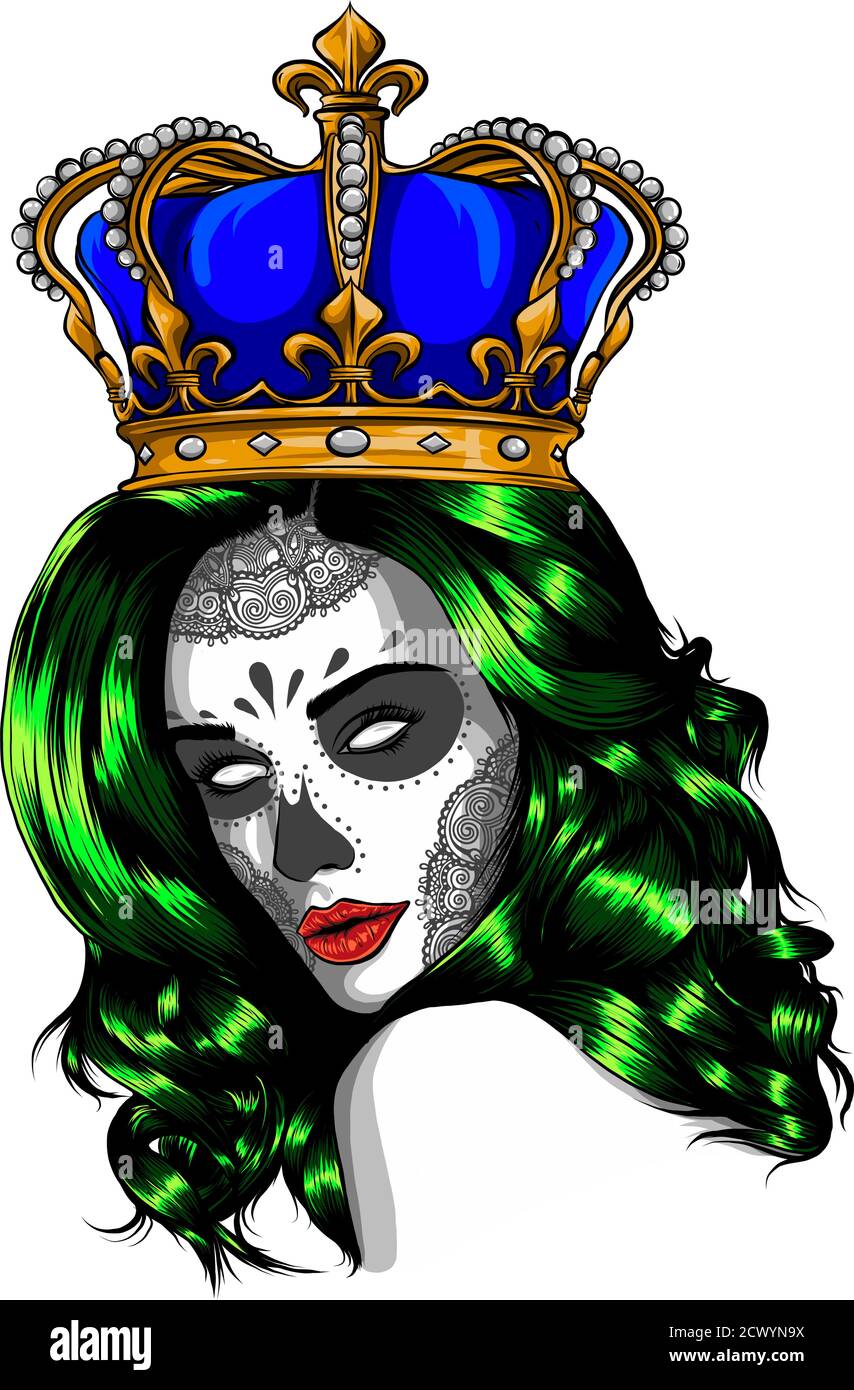 Queen of death. Portrait of a skull with a crown and long hair. vector Stock Vector