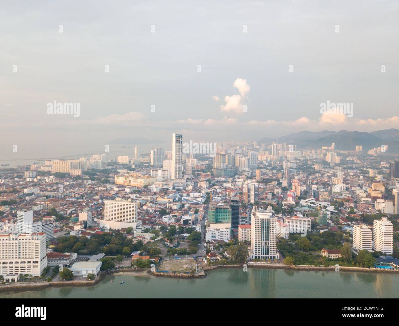 Gurney, Penang/Malaysia - Apr 05 2019: Aerial view KOMTAR building at Georgetown in hazzy day. Stock Photo