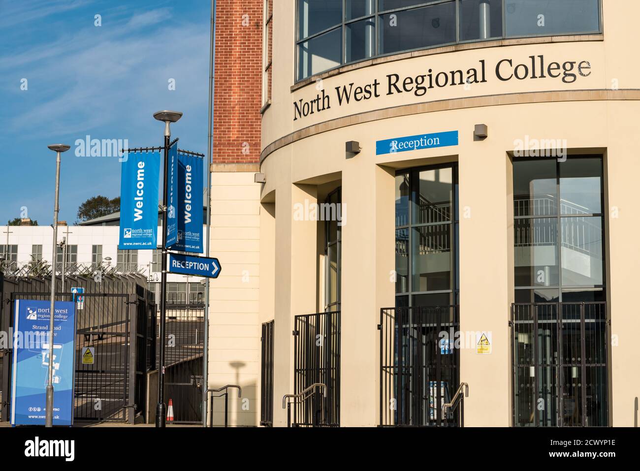Derry, Northern Ireland- Sept 19, 2020: The front entrance and sign for the North West Regional College in Derry Northern Ireland. Stock Photo