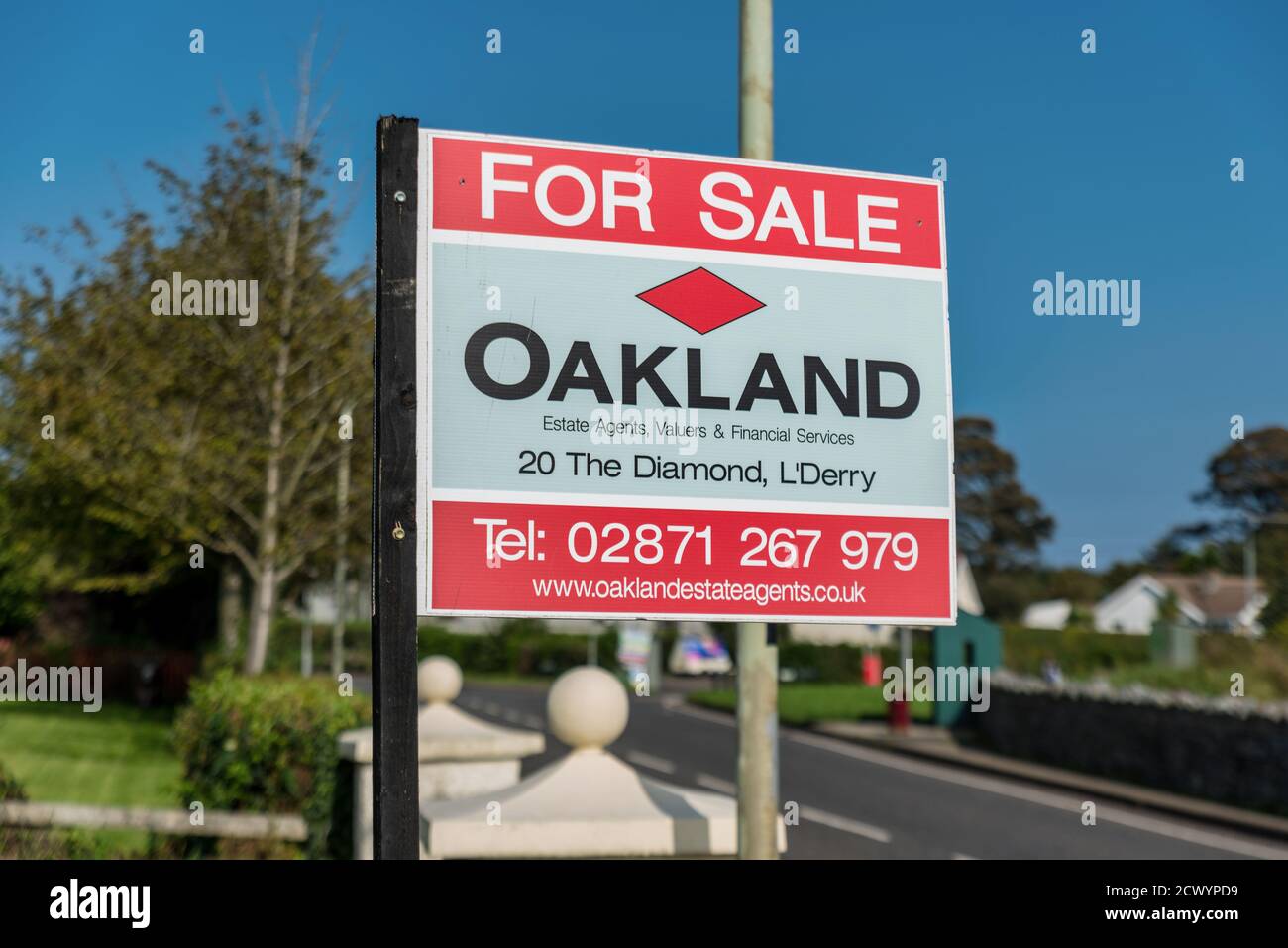 Derry, Northern Ireland- Sept 17, 2020: For sale sign  for Oakland Estate agent in Derry. Stock Photo