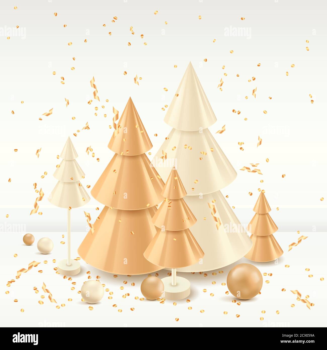 Christmas gold and white holiday decoration and design elements. Vector 3d illustration of golden Christmas tree, balls and confetti isolated on white Stock Vector