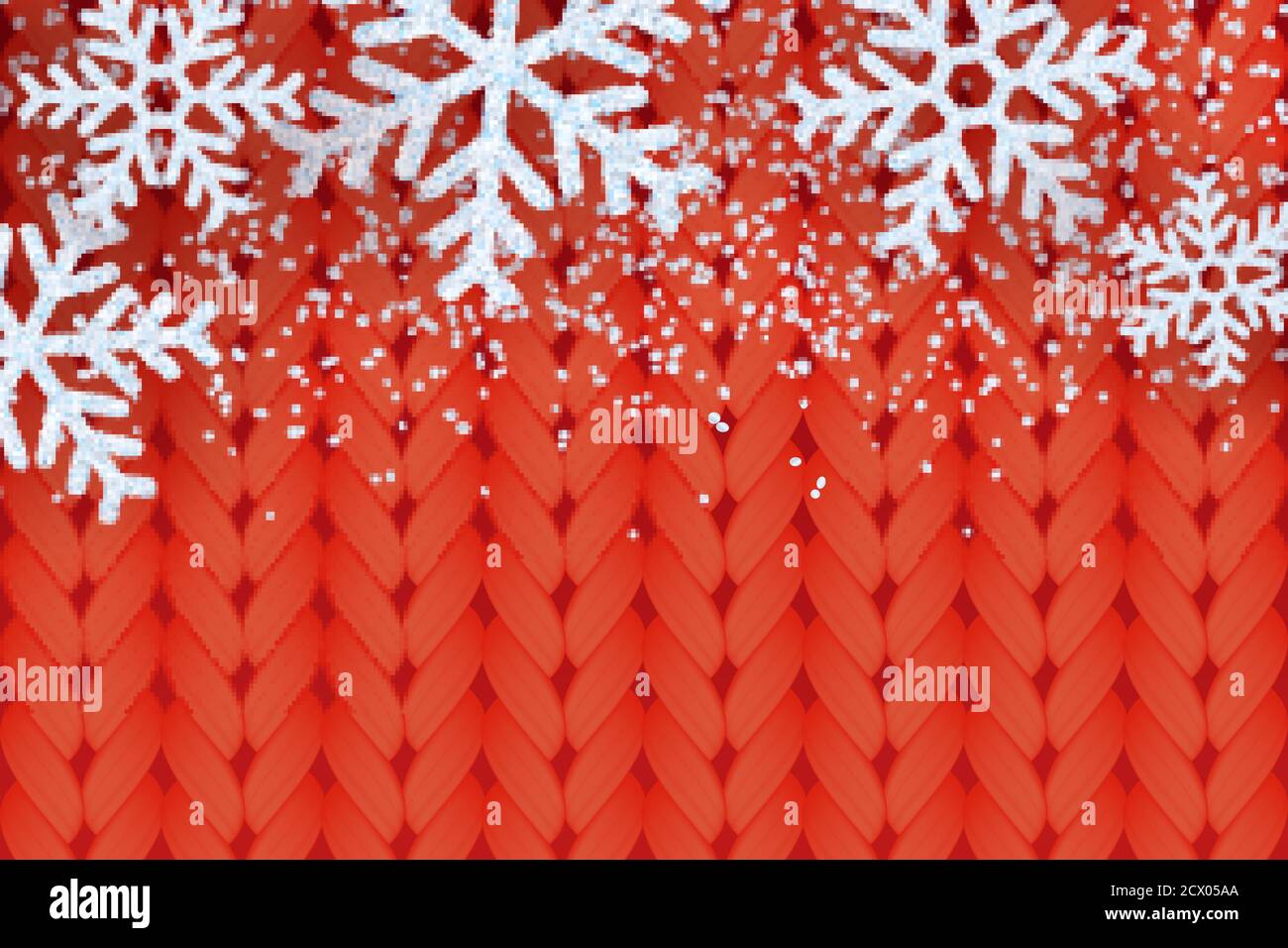 Winter warm red knitted background with realistic white snow and snowflakes. Cozy handmade texture for Christmas, New Year holiday banner, poster or g Stock Vector