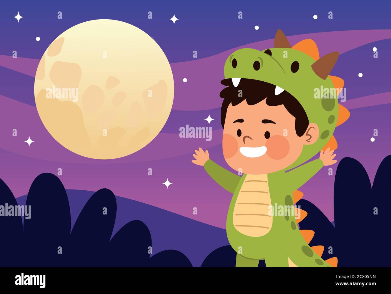 cute little boy dressed as a dinosaur character and moon night vector ...