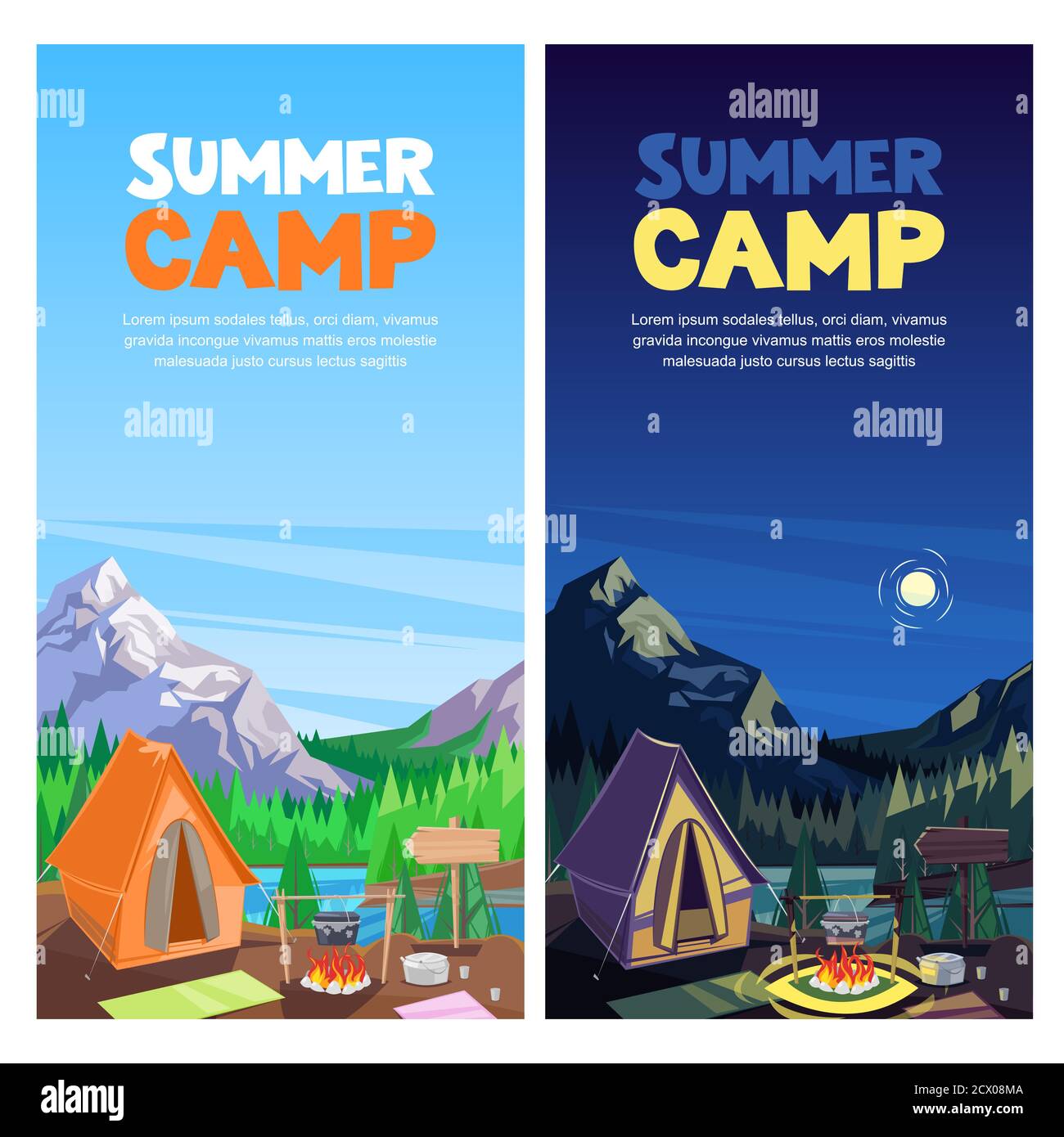 Summer camping in mountains valley, vector banner, poster design template. Adventures, travel and eco tourism concept. Touristic camp tent at day and Stock Vector