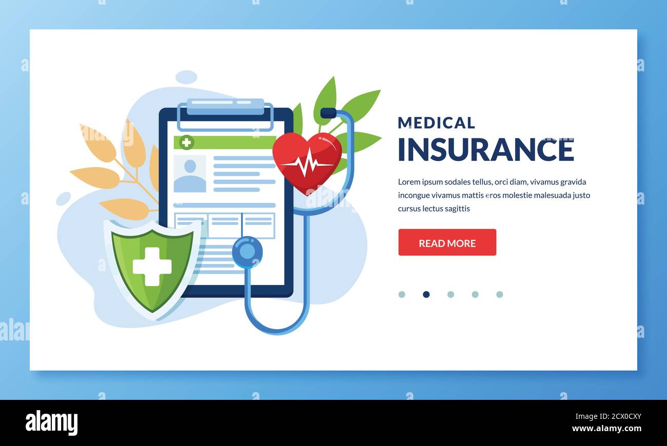 Health insurance concept. Vector flat medical care illustration. Heart, stethoscope, green shield and health insurance sheet. Landing page or banner d Stock Vector