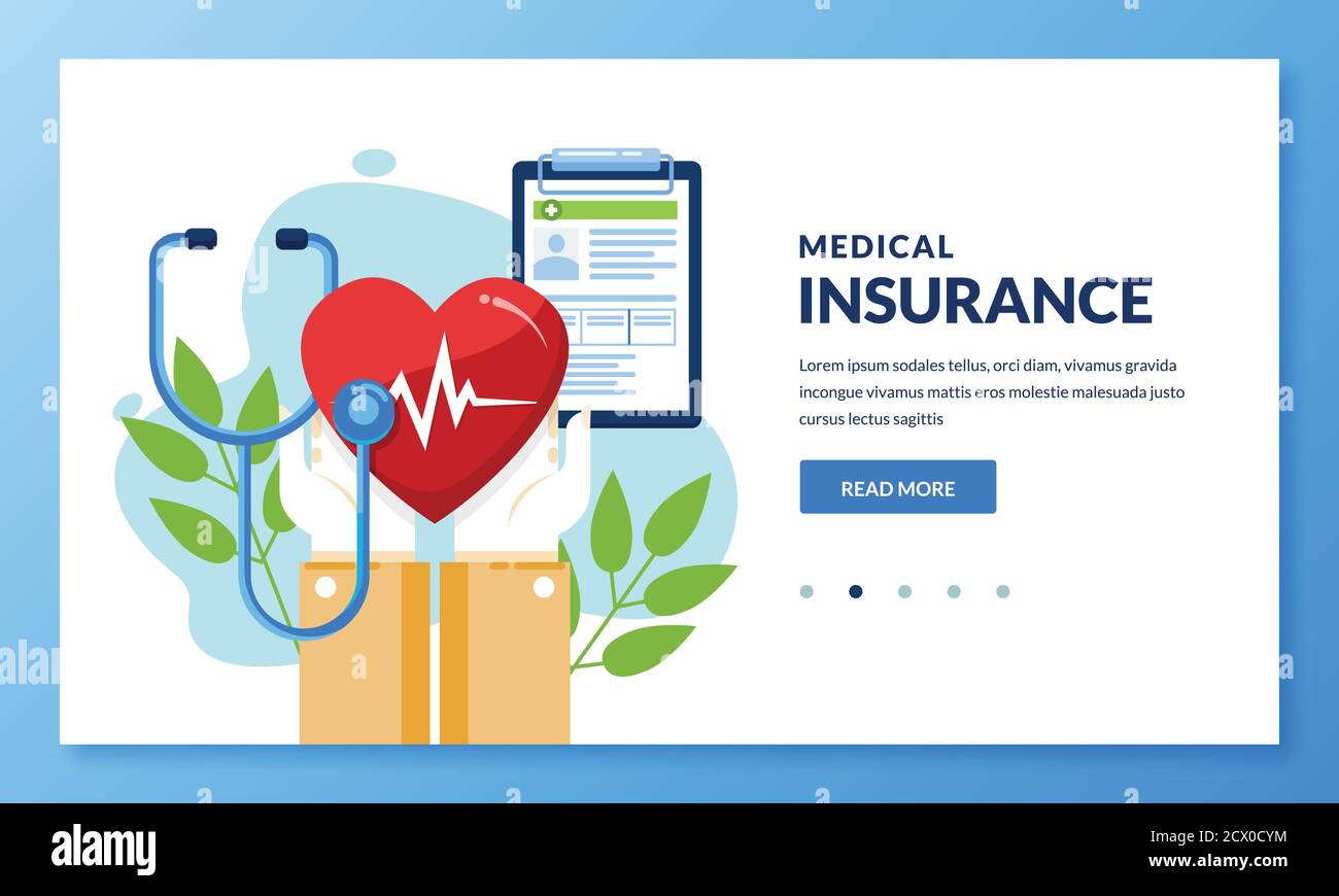 Health insurance concept. Vector flat medical care illustration. Hands holding heart and health insurance sheet. Landing page or banner design templat Stock Vector