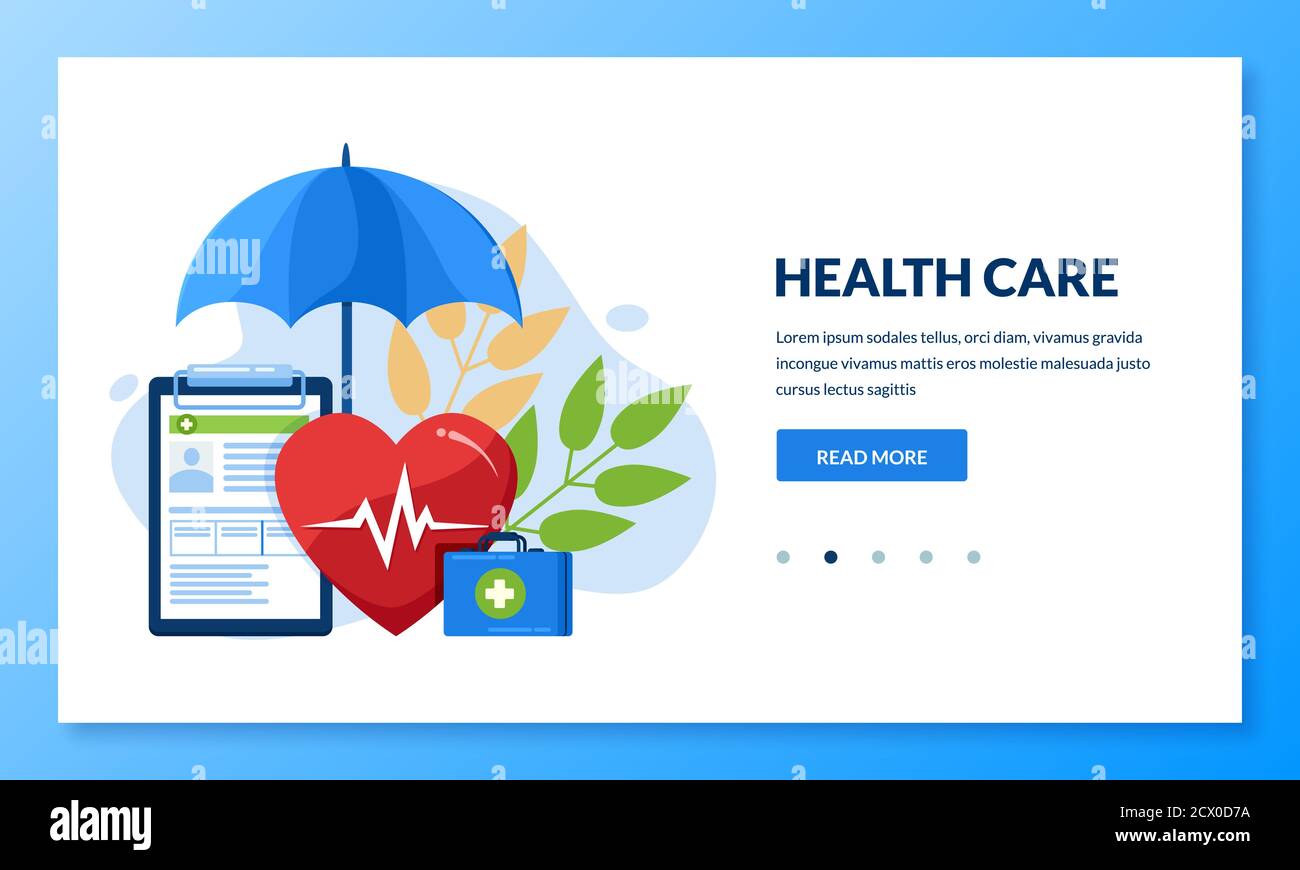Health insurance concept. Vector flat medical care illustration. Heart, umbrella, first aid kit and health insurance sheet. Landing page or banner des Stock Vector