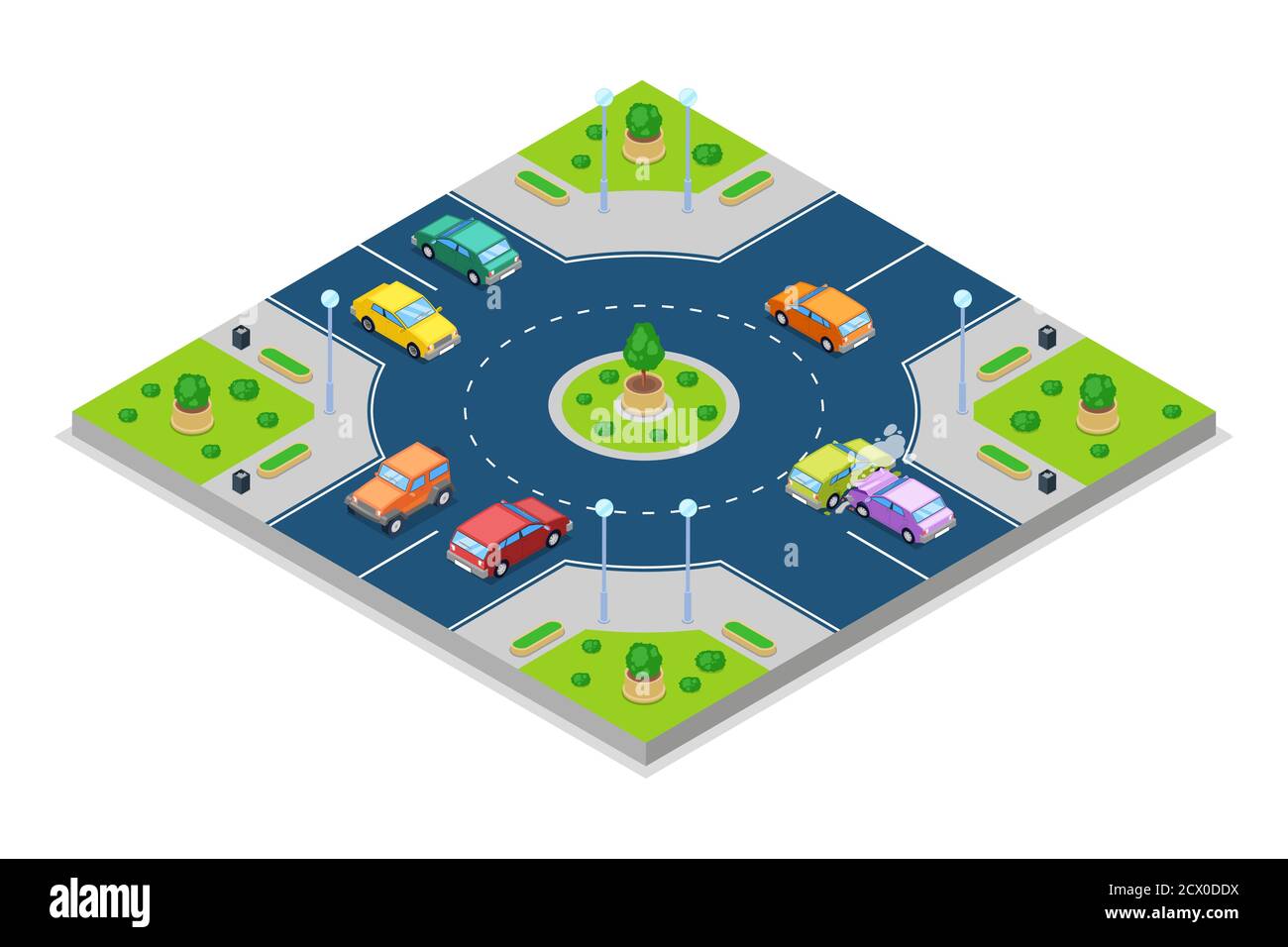 Car accident and crash, vector isometric 3D illustration. Collision at roundabout junction road. Safety street traffic and insurance concept. Stock Vector