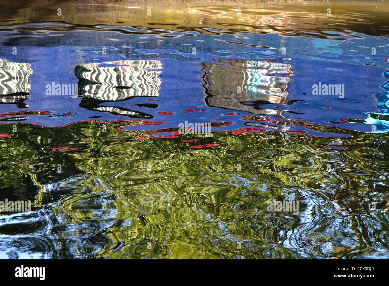 Abstract patterns made by the reflections in water of a narrow boat ...